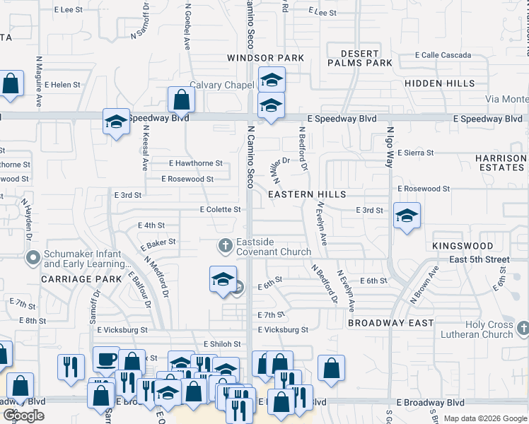 map of restaurants, bars, coffee shops, grocery stores, and more near 8700 East Terrace Place in Tucson