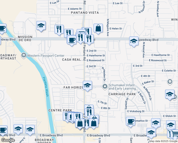 map of restaurants, bars, coffee shops, grocery stores, and more near 7972 East Colette Circle in Tucson