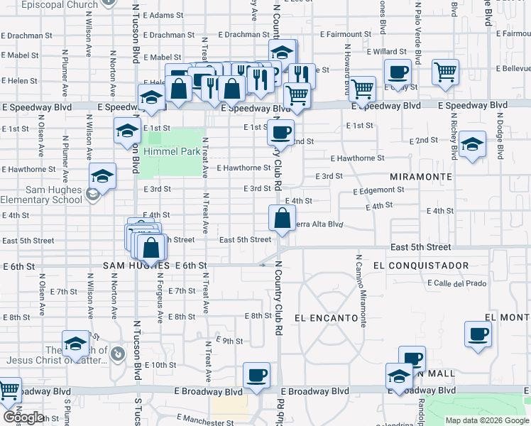 map of restaurants, bars, coffee shops, grocery stores, and more near 3002 East 4th Street in Tucson