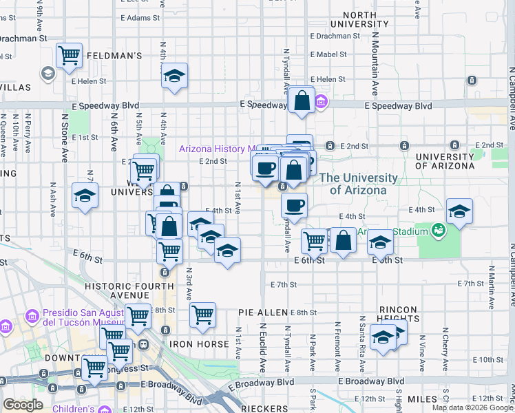 map of restaurants, bars, coffee shops, grocery stores, and more near 701 North Euclid Avenue in Tucson