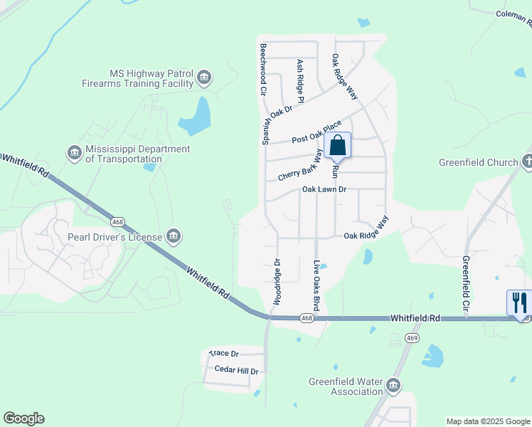 map of restaurants, bars, coffee shops, grocery stores, and more near 909 oakwood Cove in Pearl