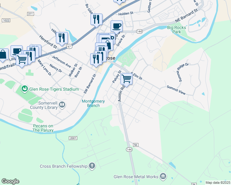 map of restaurants, bars, coffee shops, grocery stores, and more near 300 Austin Road in Glen Rose