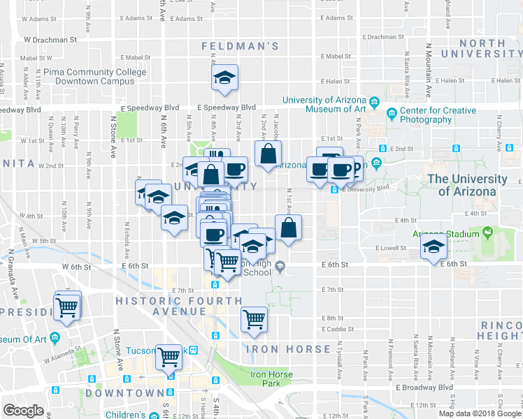 map of restaurants, bars, coffee shops, grocery stores, and more near 701 North 2nd Avenue in Tucson