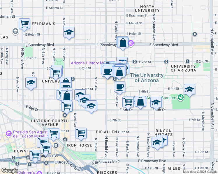 map of restaurants, bars, coffee shops, grocery stores, and more near 805 East 4th Street in Tucson