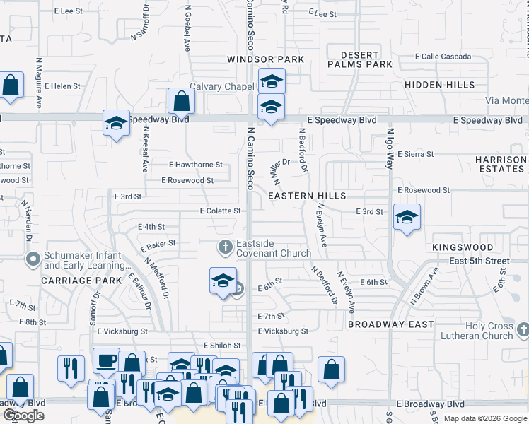map of restaurants, bars, coffee shops, grocery stores, and more near 8700 East Terrace Place in Tucson