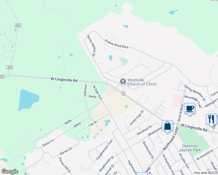 map of restaurants, bars, coffee shops, grocery stores, and more near 2485 West Lingleville Road in Stephenville