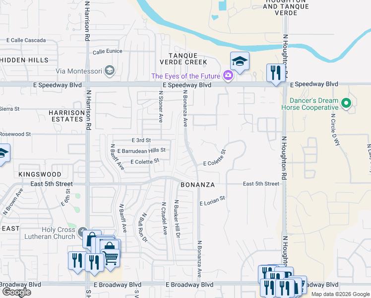 map of restaurants, bars, coffee shops, grocery stores, and more near 9930 East Bonanza Place in Tucson