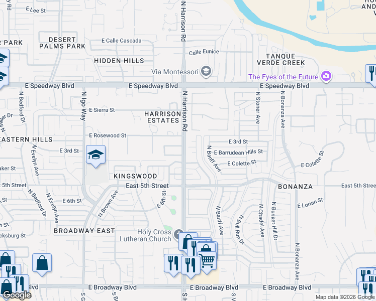 map of restaurants, bars, coffee shops, grocery stores, and more near 9455 East Barrudean Hills Street in Tucson