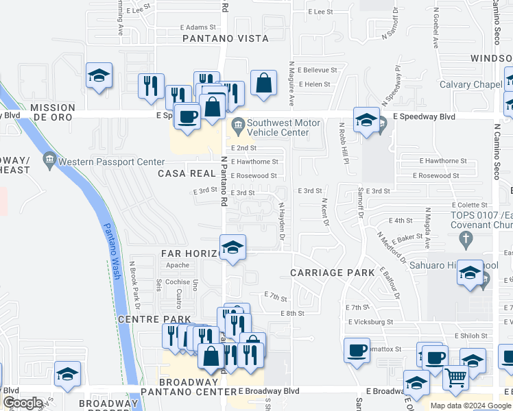 map of restaurants, bars, coffee shops, grocery stores, and more near 7917 East Colette Circle in Tucson