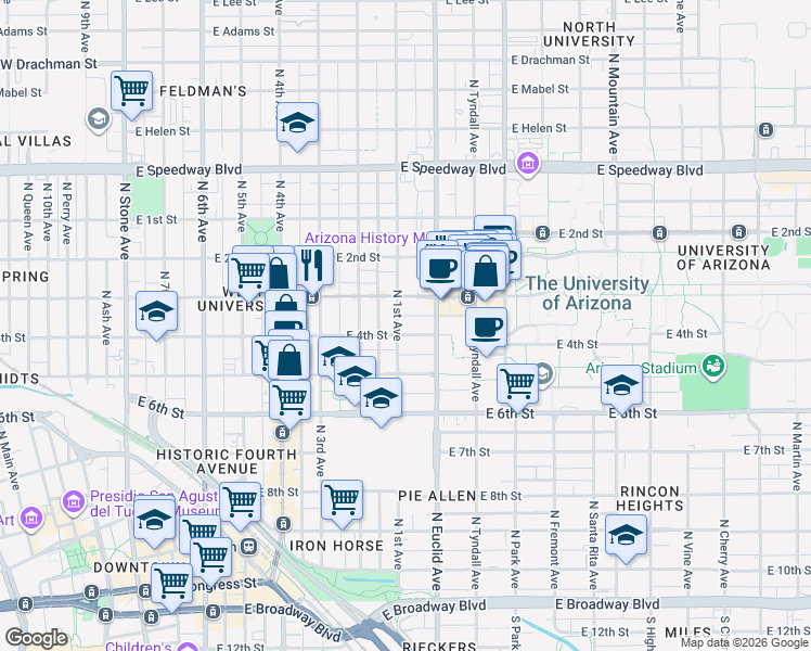 map of restaurants, bars, coffee shops, grocery stores, and more near 703 North 1st Avenue in Tucson