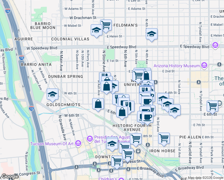 map of restaurants, bars, coffee shops, grocery stores, and more near 711 N 7th Ave in Tucson