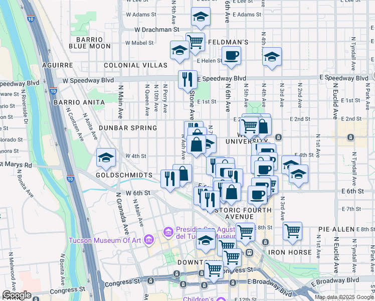map of restaurants, bars, coffee shops, grocery stores, and more near 702 North Stone Avenue in Tucson