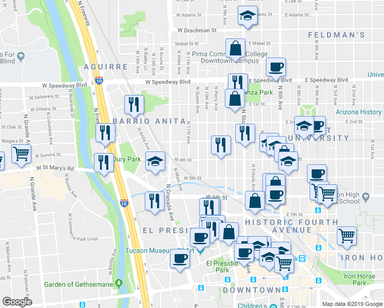 map of restaurants, bars, coffee shops, grocery stores, and more near 232 West 4th Street in Tucson