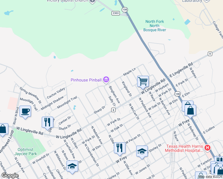 map of restaurants, bars, coffee shops, grocery stores, and more near 1762 Bingham Avenue in Stephenville
