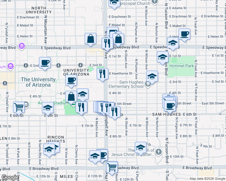 map of restaurants, bars, coffee shops, grocery stores, and more near 1933 East 4th Street in Tucson