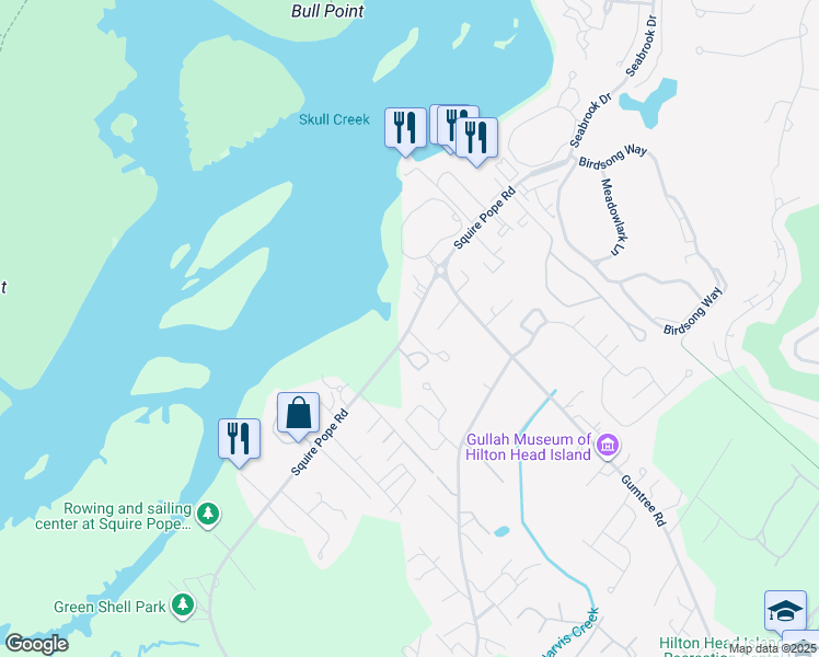 map of restaurants, bars, coffee shops, grocery stores, and more near 303 Squire Pope Road in Hilton Head Island