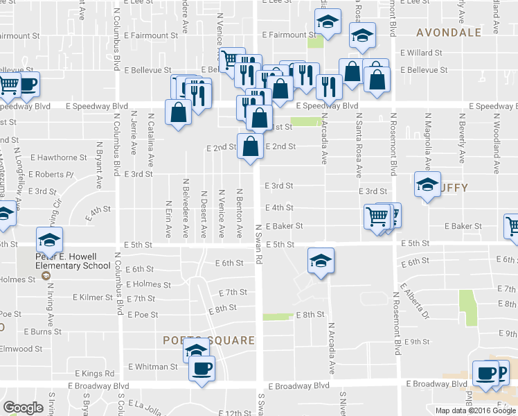 map of restaurants, bars, coffee shops, grocery stores, and more near N Swan Rd & E 4th St in Tucson