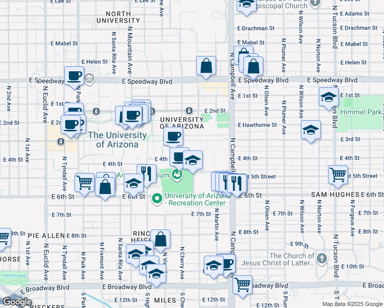 map of restaurants, bars, coffee shops, grocery stores, and more near East 4th Street in Tucson