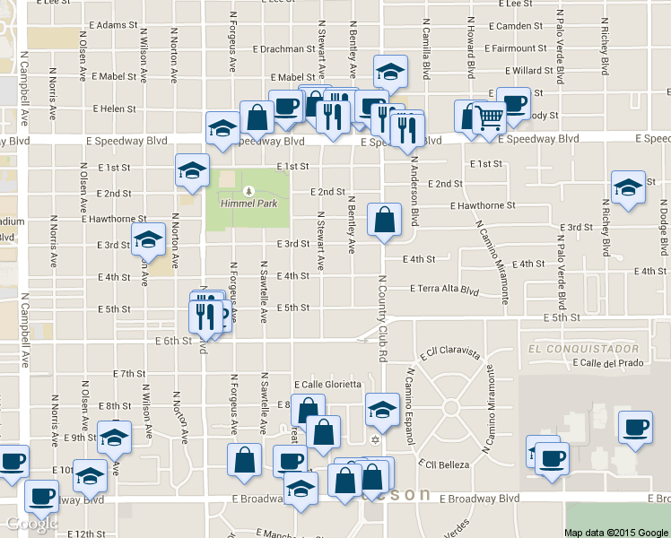map of restaurants, bars, coffee shops, grocery stores, and more near 2910 East 4th Street in Tucson