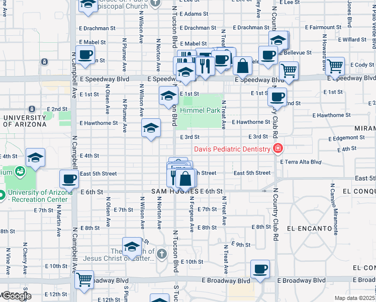 map of restaurants, bars, coffee shops, grocery stores, and more near 2539 East 4th Street in Tucson