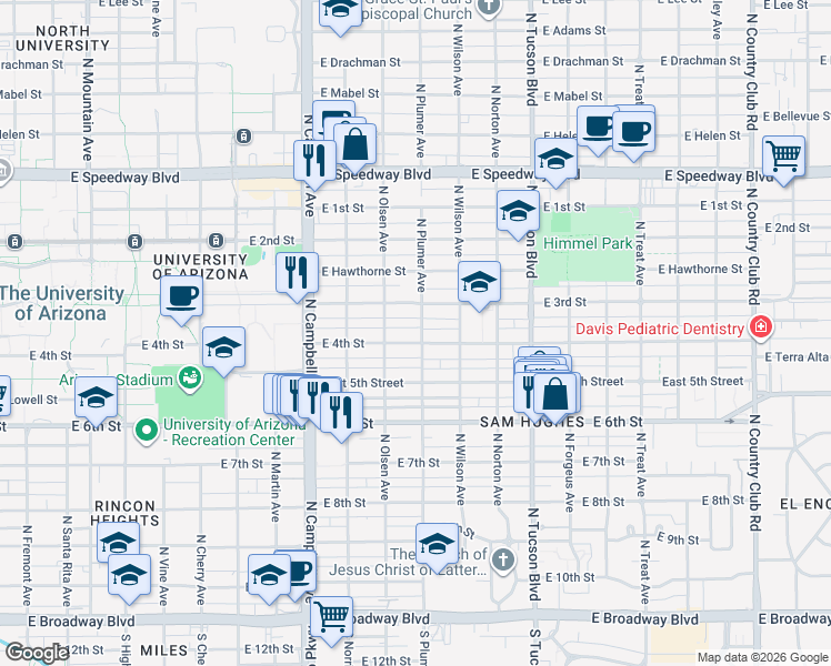 map of restaurants, bars, coffee shops, grocery stores, and more near 2145 East 4th Street in Tucson