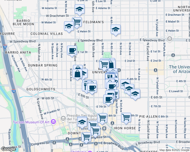 map of restaurants, bars, coffee shops, grocery stores, and more near 700 North 6th Avenue in Tucson