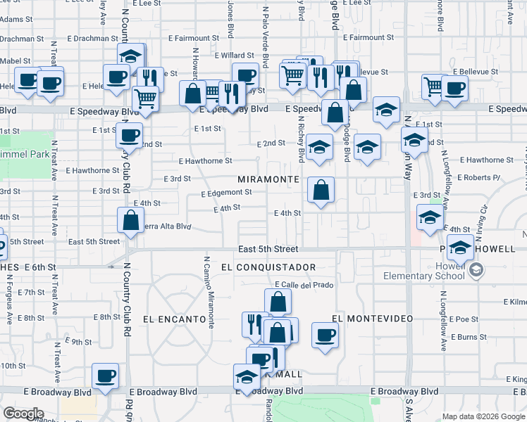 map of restaurants, bars, coffee shops, grocery stores, and more near 3478 East 4th Street in Tucson