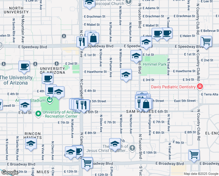 map of restaurants, bars, coffee shops, grocery stores, and more near 2145 East 4th Street in Tucson