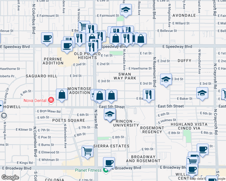 map of restaurants, bars, coffee shops, grocery stores, and more near East 4th Street in Tucson