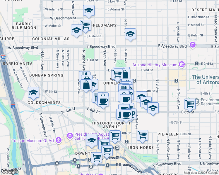 map of restaurants, bars, coffee shops, grocery stores, and more near 700 North 6th Avenue in Tucson