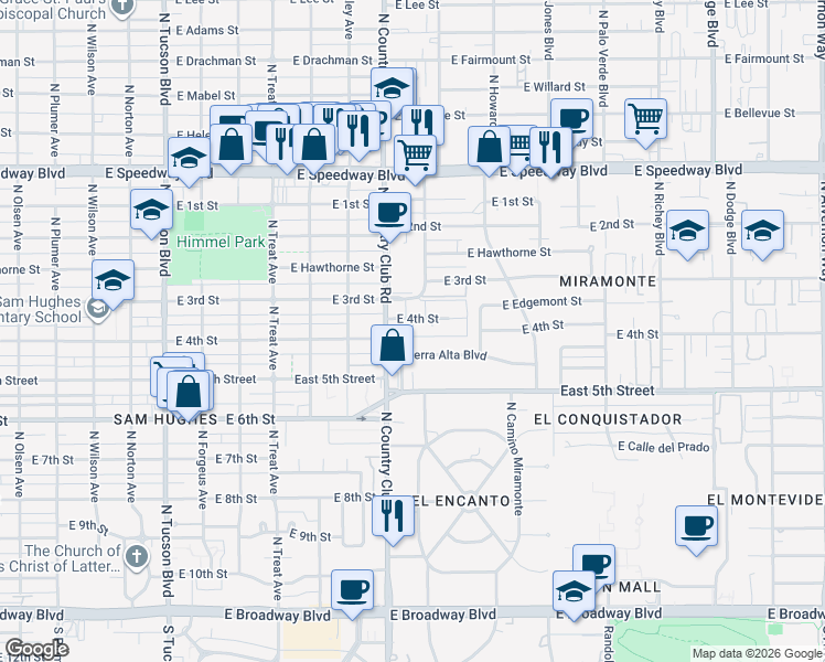 map of restaurants, bars, coffee shops, grocery stores, and more near 3159 East Terra Alta Boulevard in Tucson