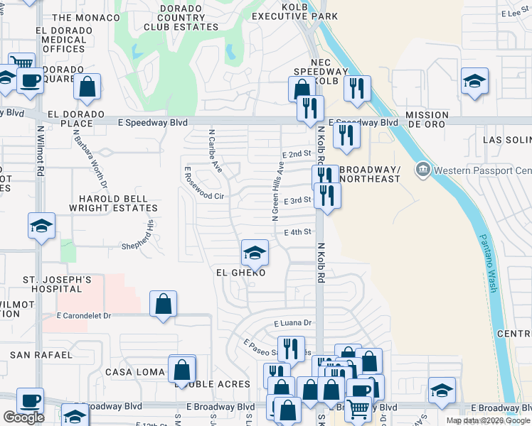map of restaurants, bars, coffee shops, grocery stores, and more near 6942 East Edgemont Street in Tucson