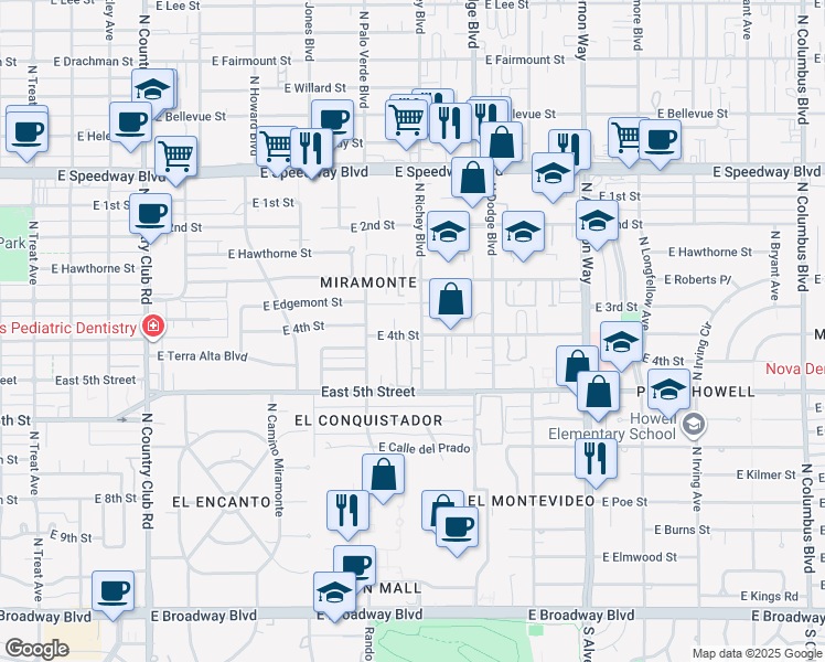map of restaurants, bars, coffee shops, grocery stores, and more near 3602 East 4th Street in Tucson