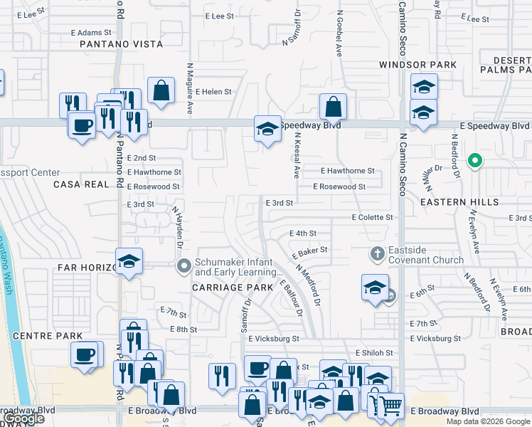 map of restaurants, bars, coffee shops, grocery stores, and more near 8260 East Brent Place in Tucson