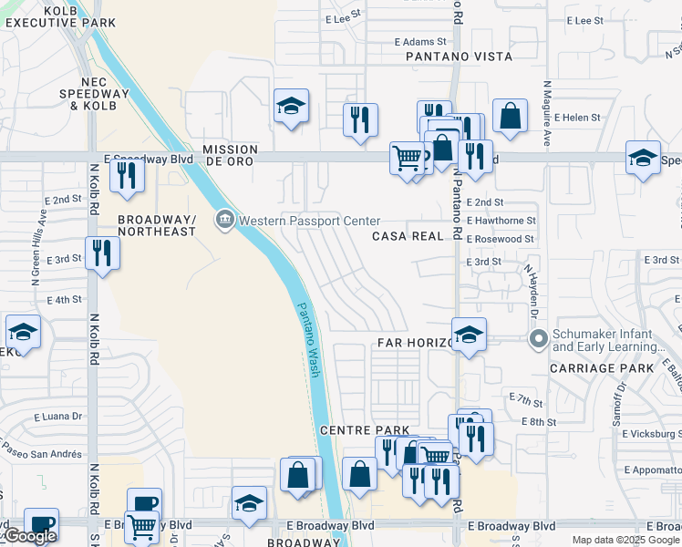 map of restaurants, bars, coffee shops, grocery stores, and more near 7740 East Rosewood Street in Tucson