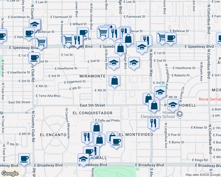 map of restaurants, bars, coffee shops, grocery stores, and more near 3602 East 4th Street in Tucson