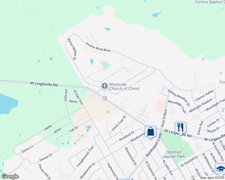 map of restaurants, bars, coffee shops, grocery stores, and more near 100 Blue Jay Drive in Stephenville