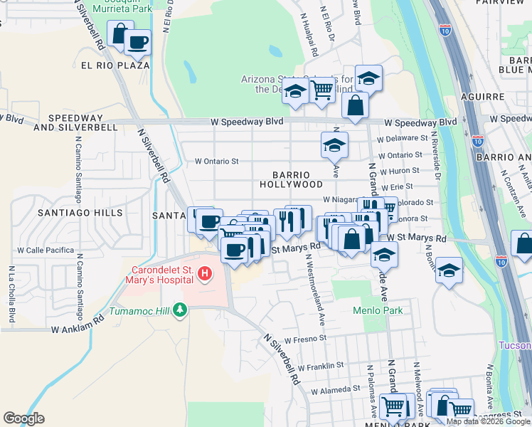 map of restaurants, bars, coffee shops, grocery stores, and more near 1471 West Sonora Street in Tucson