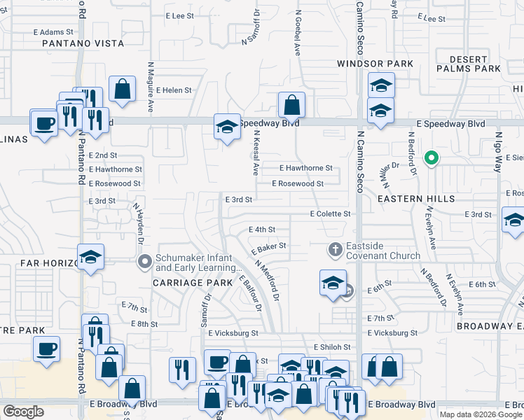 map of restaurants, bars, coffee shops, grocery stores, and more near 8412 East Colette Street in Tucson