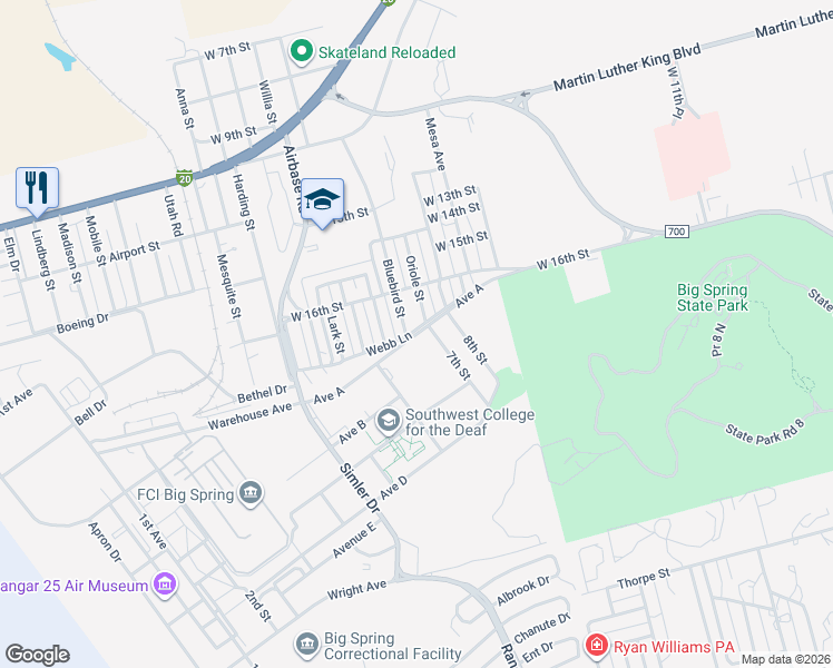 map of restaurants, bars, coffee shops, grocery stores, and more near Avenue A in Big Spring