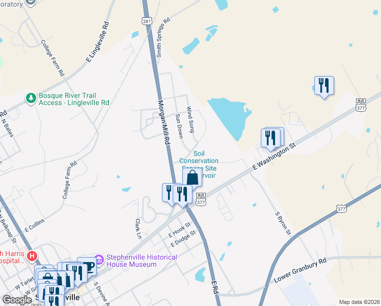 map of restaurants, bars, coffee shops, grocery stores, and more near 1221 Sun Dance in Stephenville