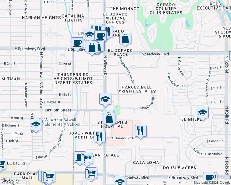 map of restaurants, bars, coffee shops, grocery stores, and more near 6411 East Brian Kent Street in Tucson