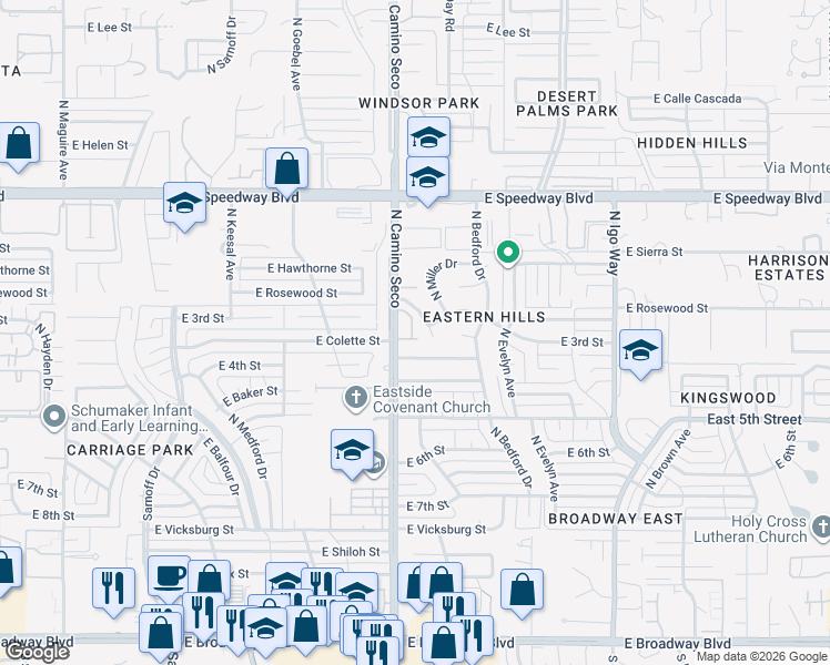 map of restaurants, bars, coffee shops, grocery stores, and more near 8700 East Terrace Place in Tucson