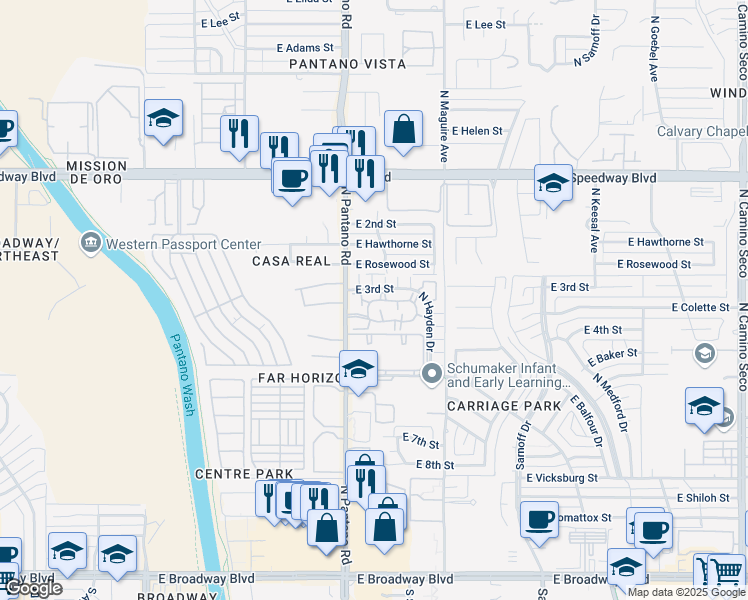 map of restaurants, bars, coffee shops, grocery stores, and more near 7972 East Colette Circle in Tucson