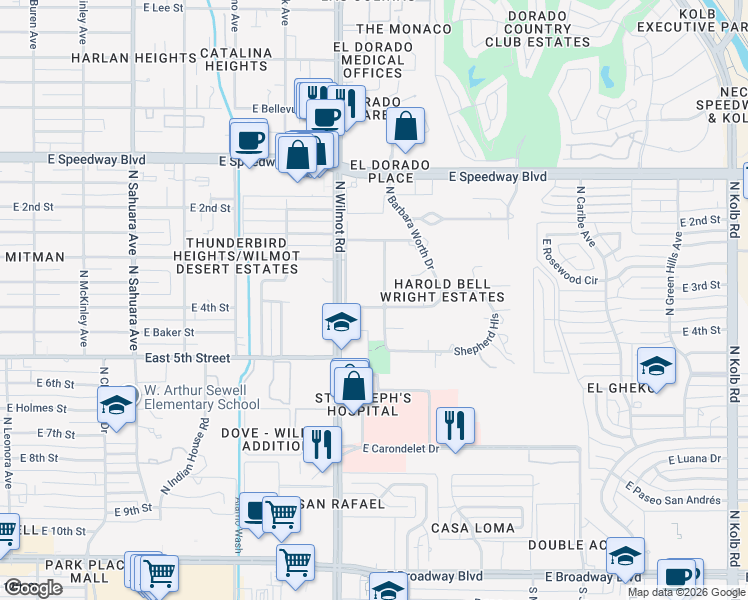 map of restaurants, bars, coffee shops, grocery stores, and more near 6411 East Brian Kent Street in Tucson