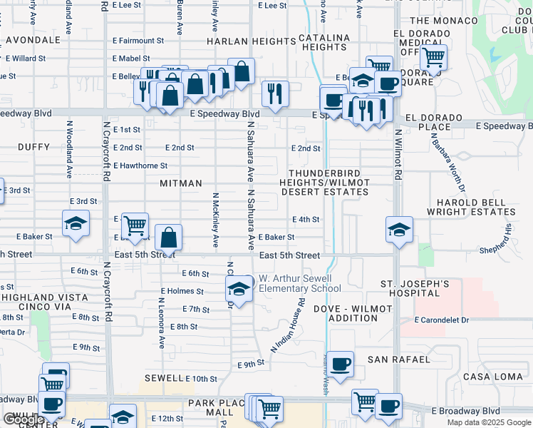 map of restaurants, bars, coffee shops, grocery stores, and more near 5906 East 4th Street in Tucson
