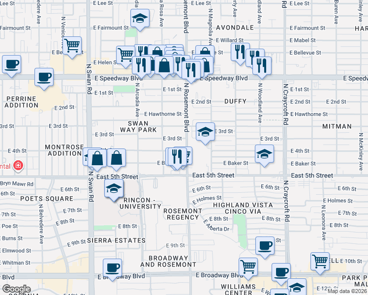 map of restaurants, bars, coffee shops, grocery stores, and more near 5050 East 4th Street in Tucson