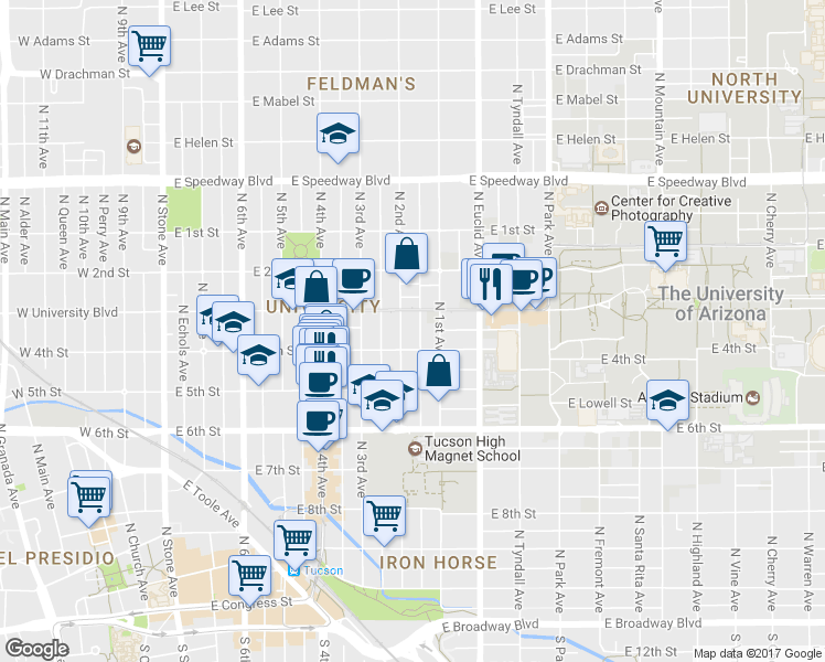 map of restaurants, bars, coffee shops, grocery stores, and more near 701 North 2nd Avenue in Tucson