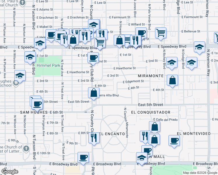 map of restaurants, bars, coffee shops, grocery stores, and more near 3214 East 4th Street in Tucson