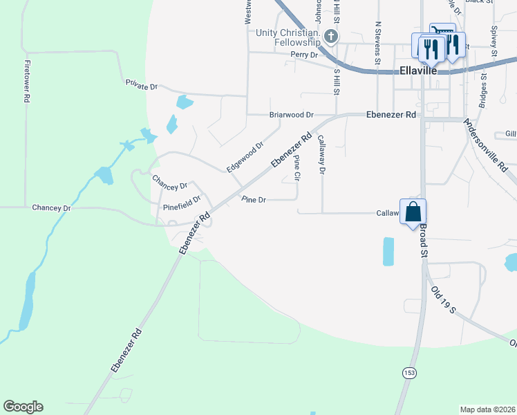map of restaurants, bars, coffee shops, grocery stores, and more near 329 Pine Circle in Ellaville
